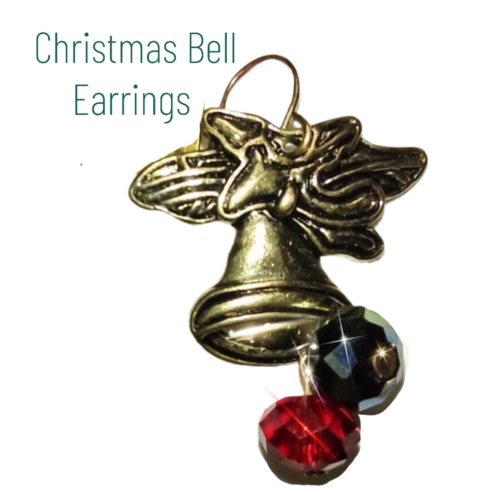 Christmas Bells Under Pine Spread Antique Gold Dangle Earrings